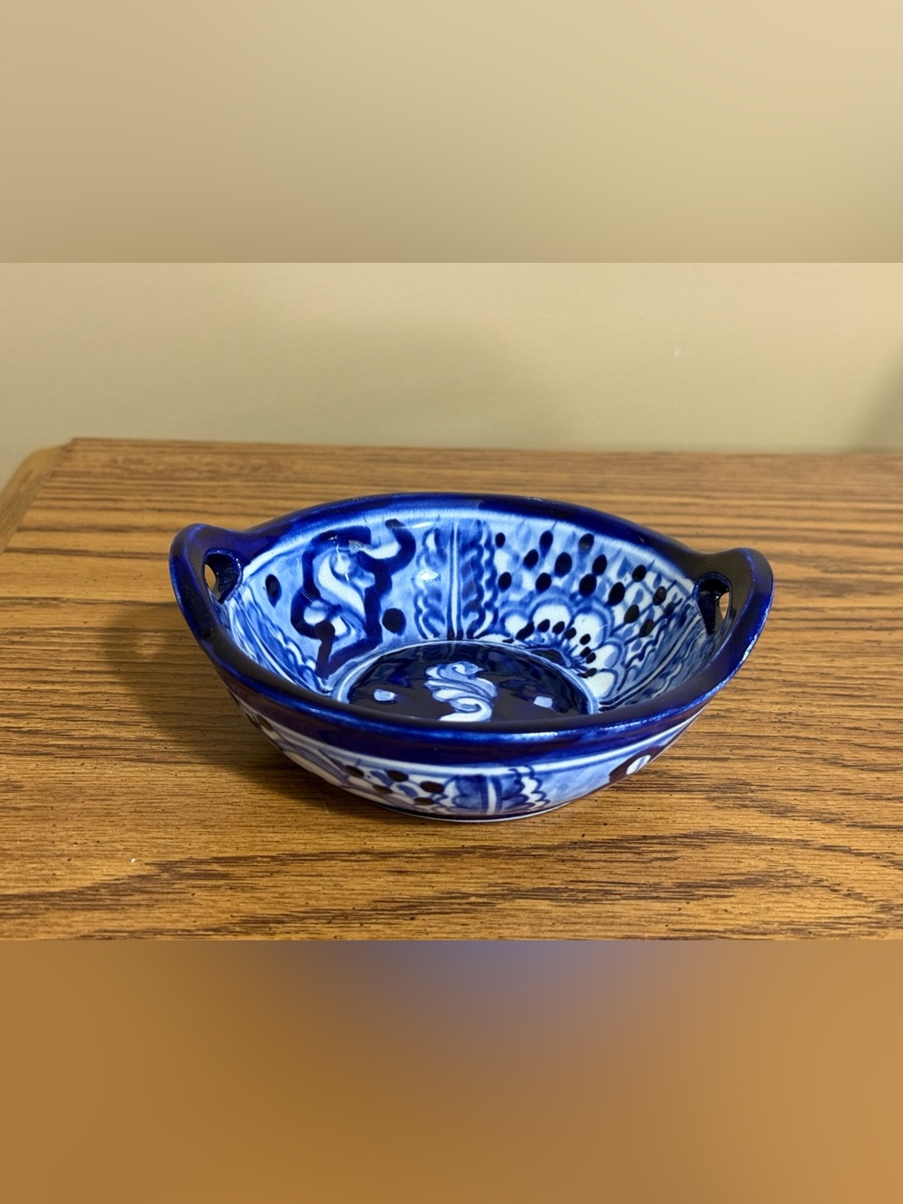 Vintage Studio Art~Mexico~Lead Free Blue & White Ceramic Art Bowl Floral Design